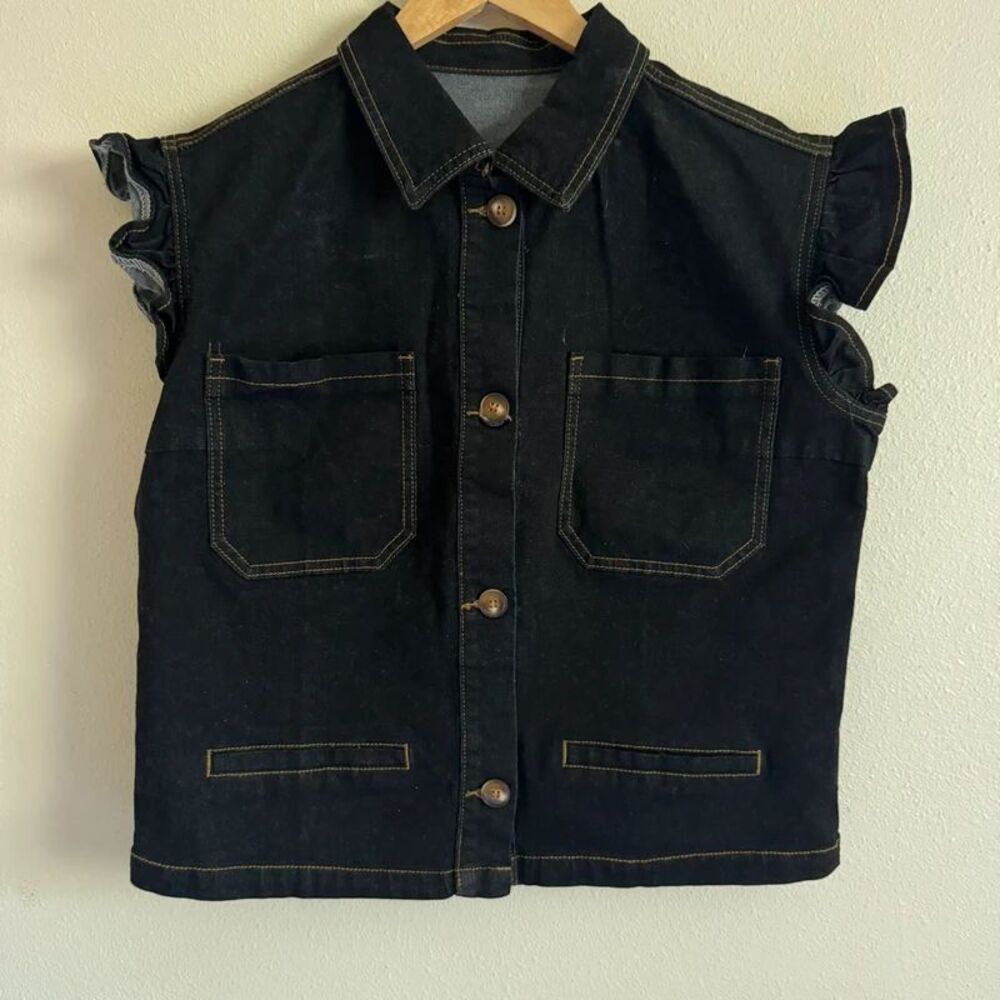 Black Denim Ruffle Sleeve Utility Blouse L Button Front Workwear Western